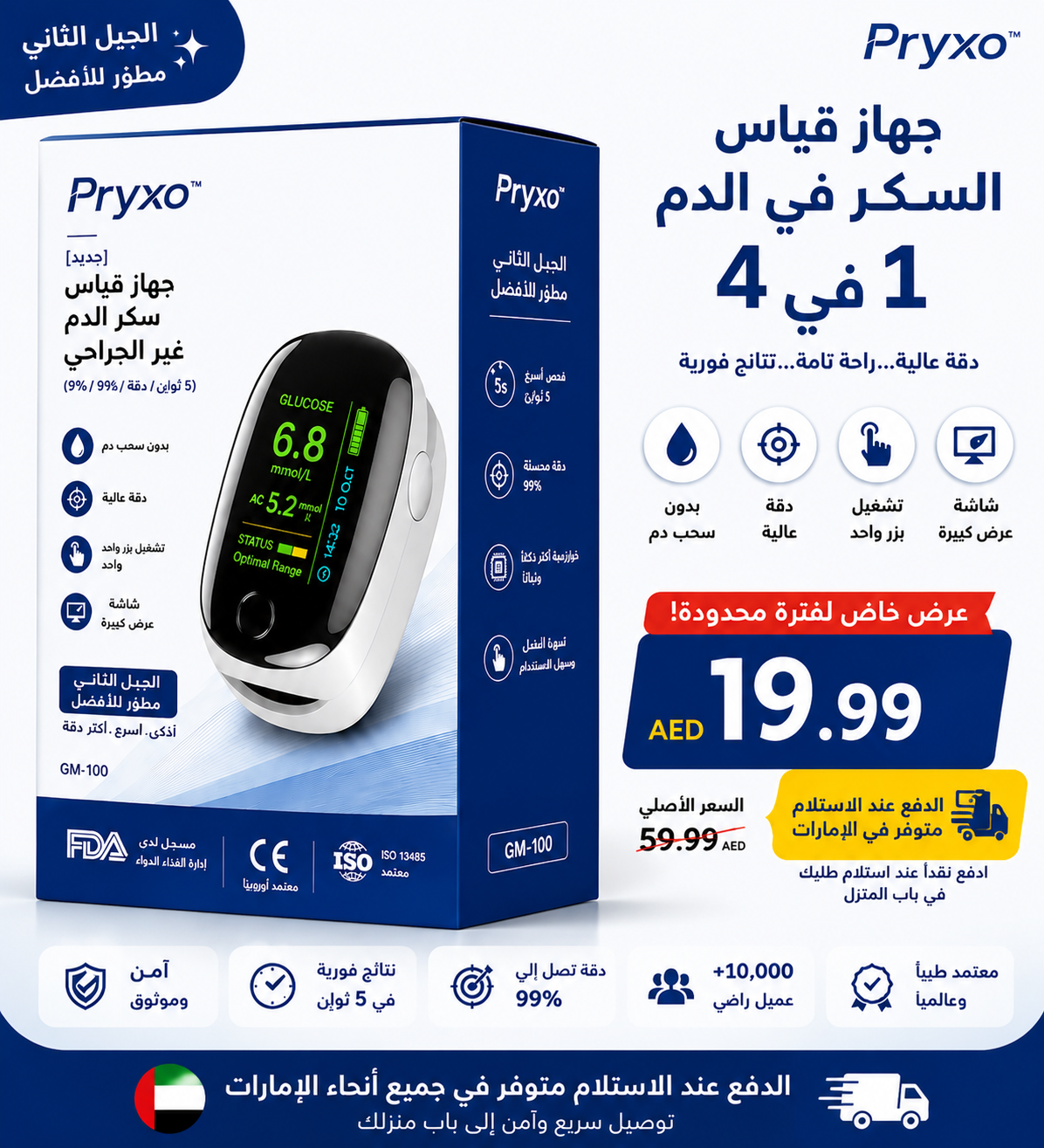 جهاز مراقبة غير جراحي Pryxo™ GM-100 لعام 2026 - دقة 99% / 5 ثوانٍ