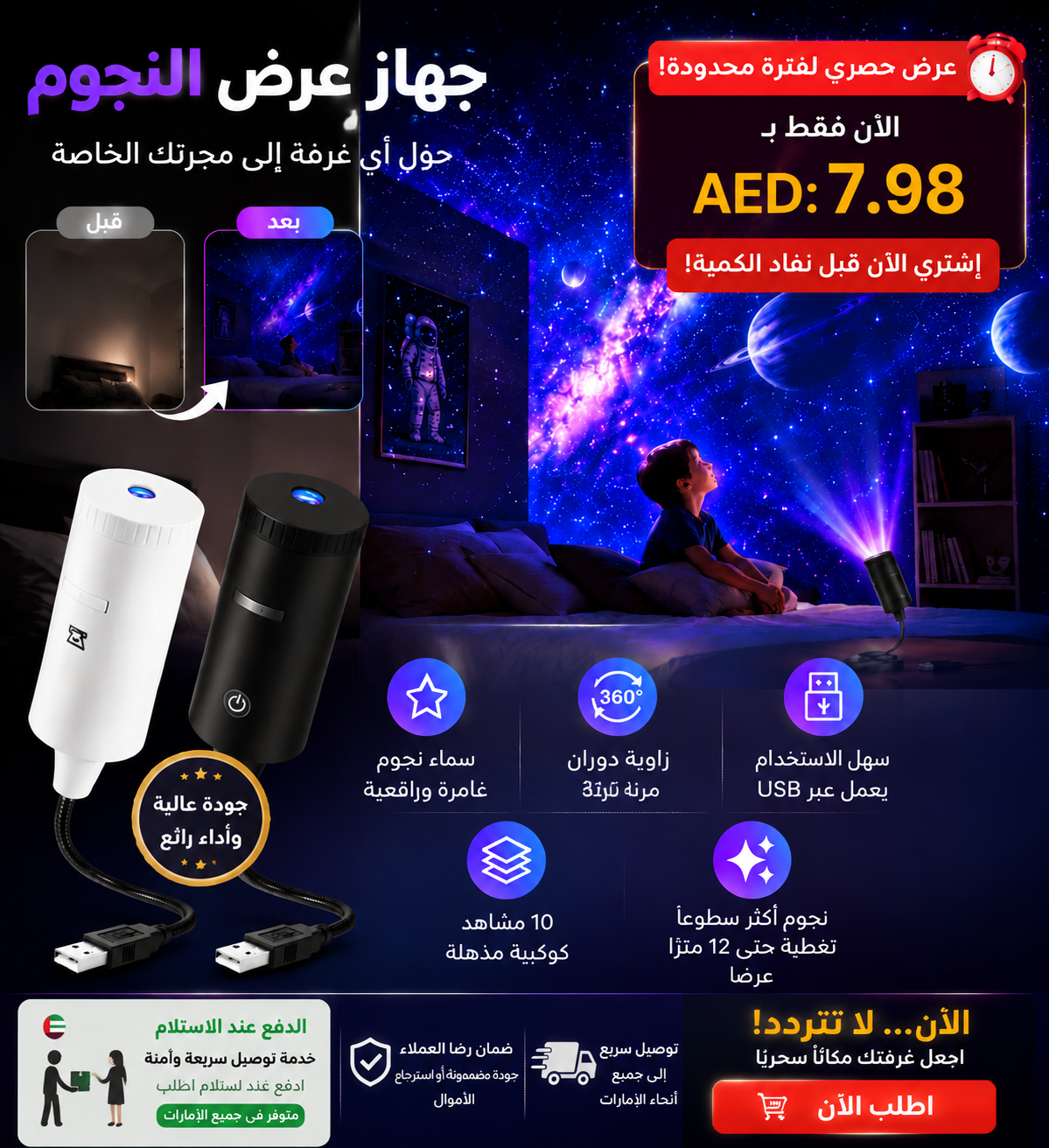 جهاز عرض مجرة ​​2 في 1 مع ضوء ليلي، جهاز عرض سماء مرصعة بالنجوم محمول يعمل بمنفذ USB لغرفة النوم (6 شرائح)